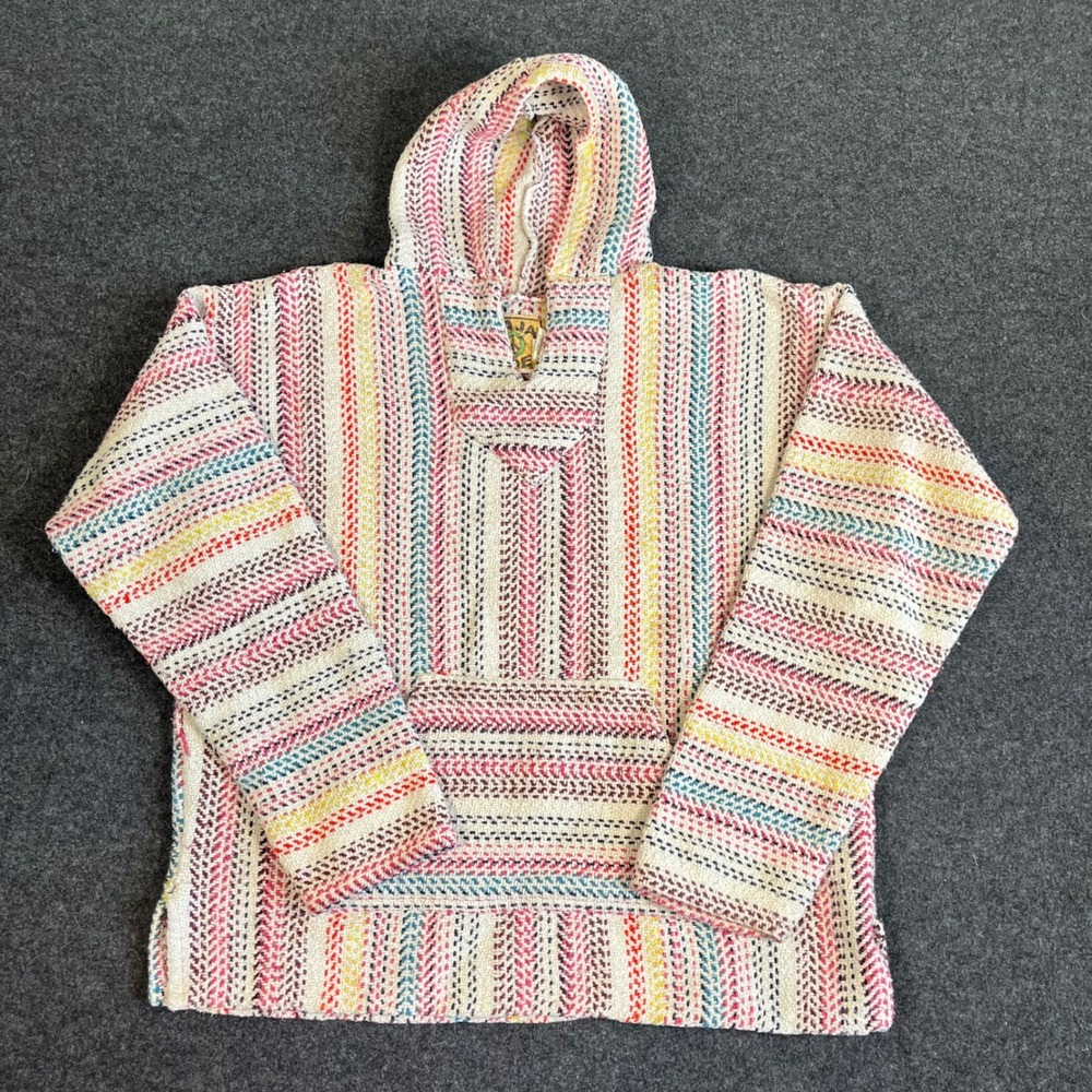 Baja Joe Striped Boho Hoodie Mens Large Multi Color Woven Mexican Poncho Sz L